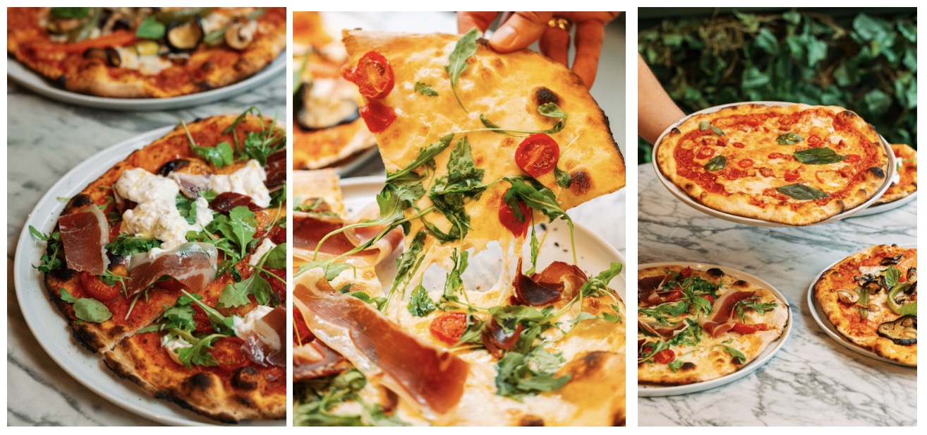 Freshly baked Italian pizzas topped with vibrant ingredients at Como Garden restaurant, offering a slice of authentic cuisine in London.