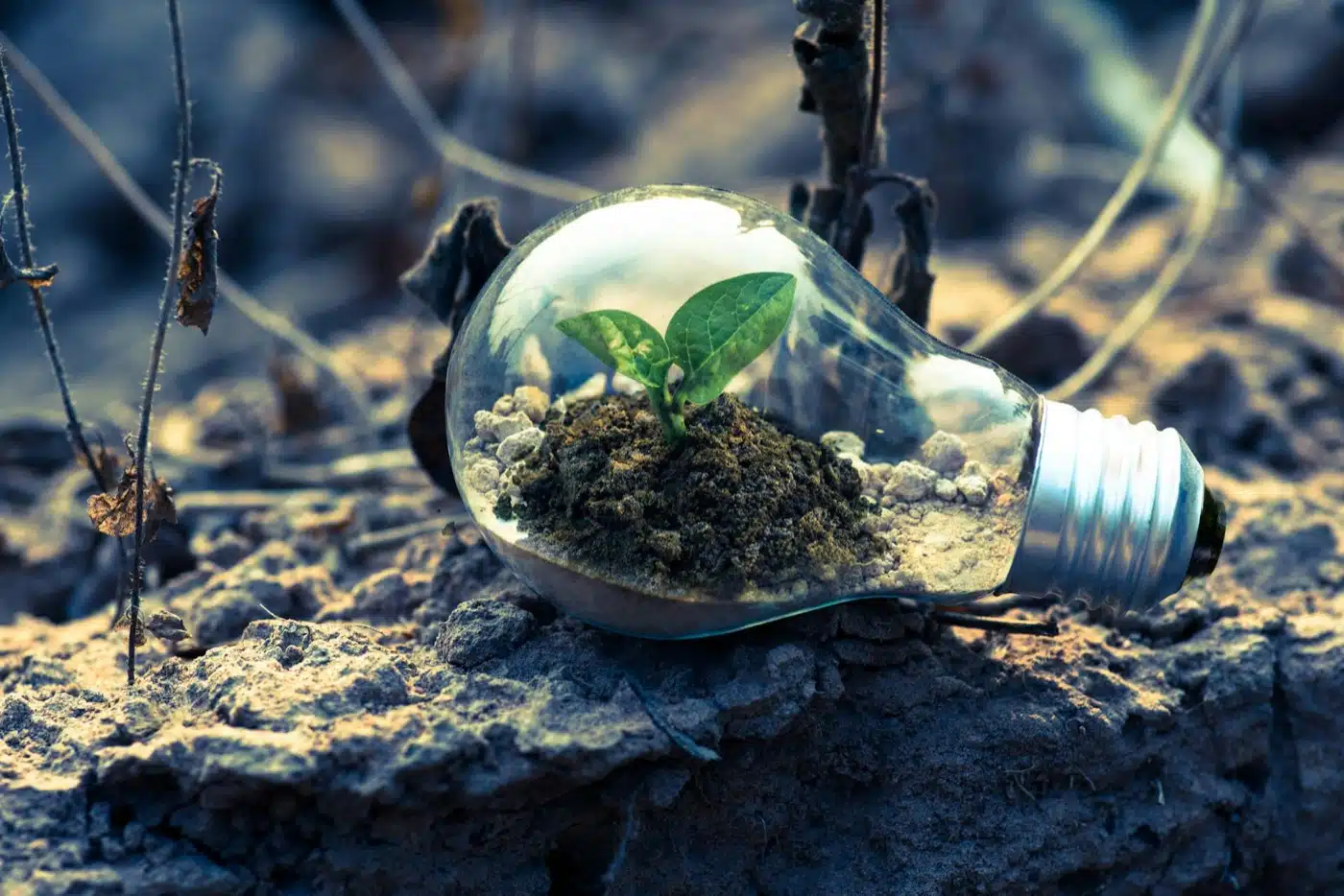 A green plant sprouting inside a lightbulb on soil, symbolizing sustainability and innovation during London Repair Week.