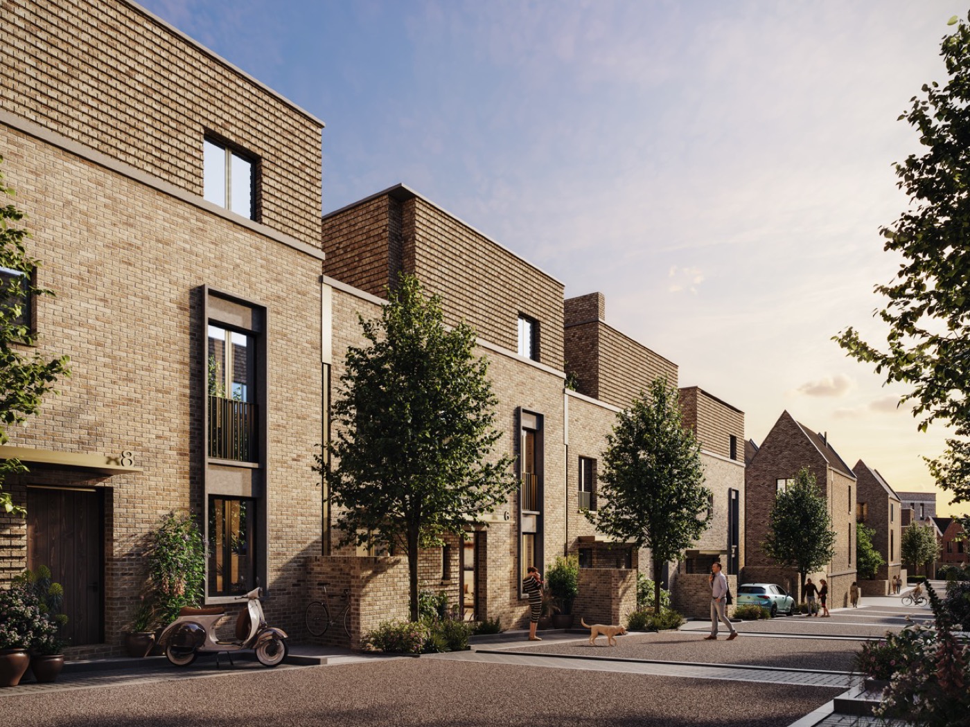 Modern townhouses with brick facades and tree-lined streets at Trinity Park Woolwich, offering serene living spaces in London.