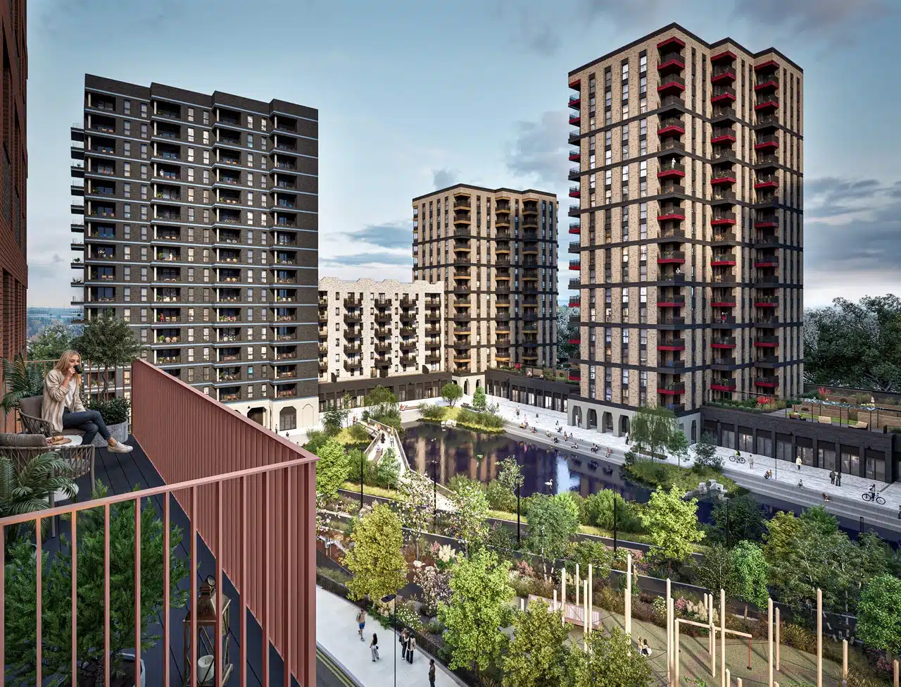 Dagenham Green showcasing modern high-rise apartments, green spaces, and waterfront living, redefining East London’s residential scene