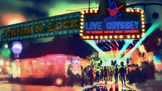 Vibrant neon-lit scene of the Live Odyssey experience at Camden Lock, capturing the energy of London’s ultimate British music event.