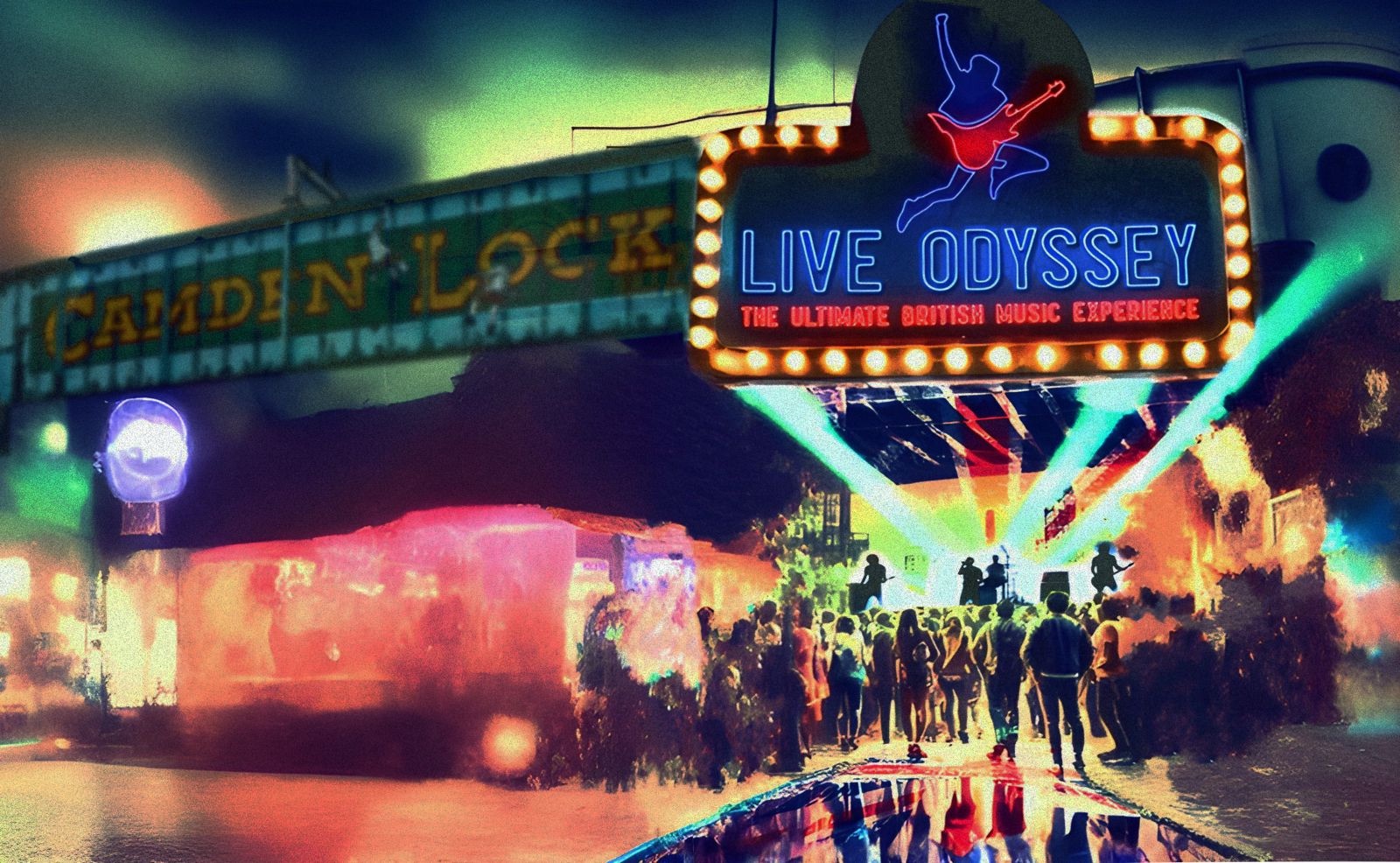 Vibrant neon-lit scene of the Live Odyssey experience at Camden Lock, capturing the energy of London’s ultimate British music event.