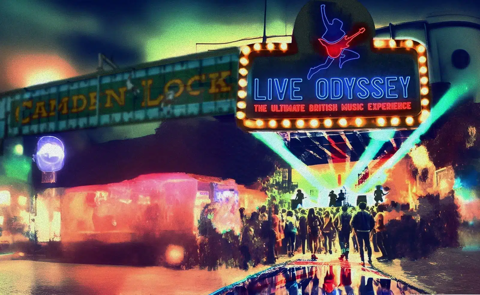 Vibrant neon-lit scene of the Live Odyssey experience at Camden Lock, capturing the energy of London’s ultimate British music event.